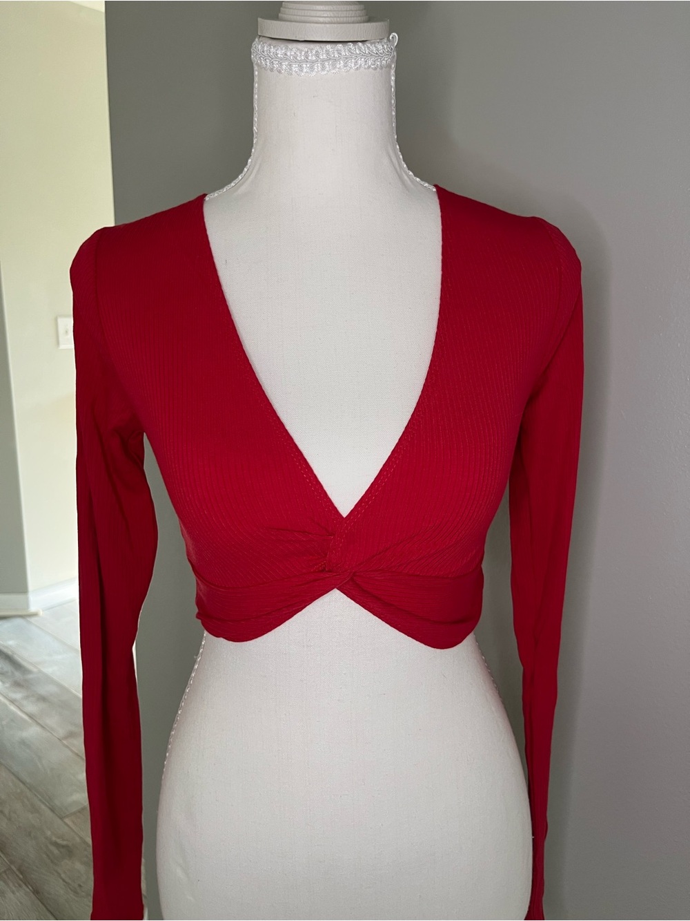 Garage Red Twist-Front Long Sleeve Crop Top